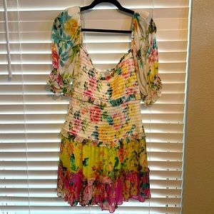 Hemant & Nandita Ruched & ruffled Floral mini dress Sz L